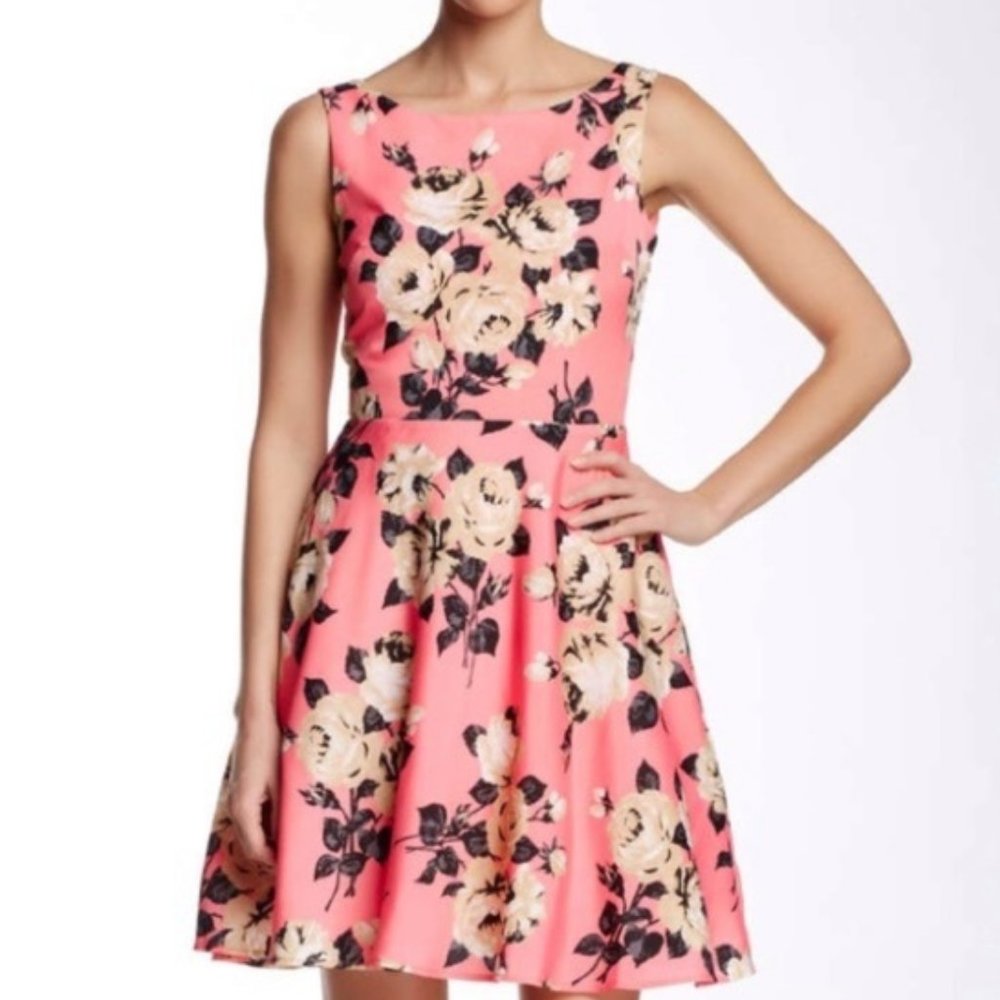 Betsey Johnson Sleeveless Pink & Tan Rose Print Dress Back Cut Out Skater SZ 2